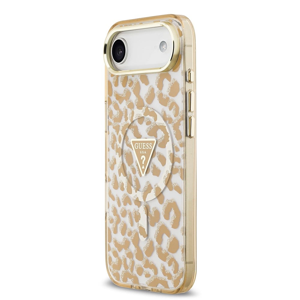 Apple iPhone 17 Air Kılıf Guess Orjinal Lisanslı M-safe Şarj Özellikli Üçgen Logolu Simli Leopar Desenli Kapak