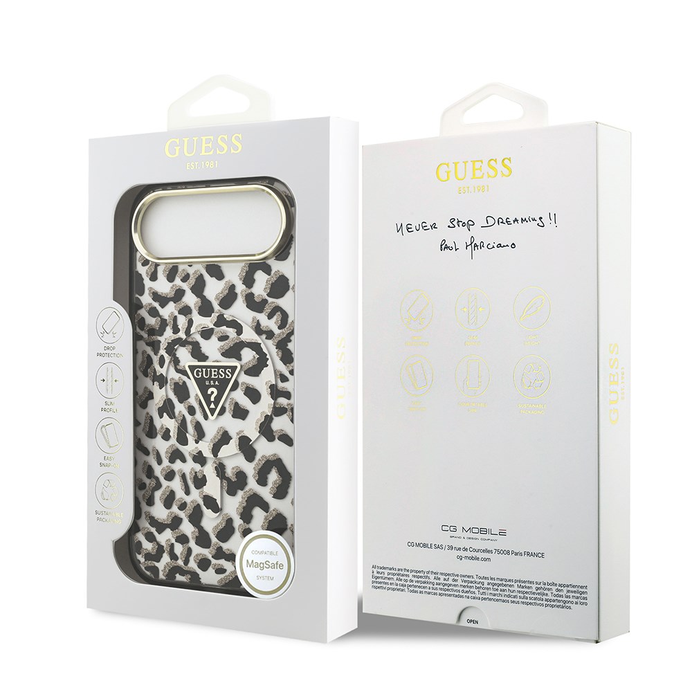 Apple iPhone 17 Air Kılıf Guess Orjinal Lisanslı M-safe Şarj Özellikli Üçgen Logolu Simli Leopar Desenli Kapak