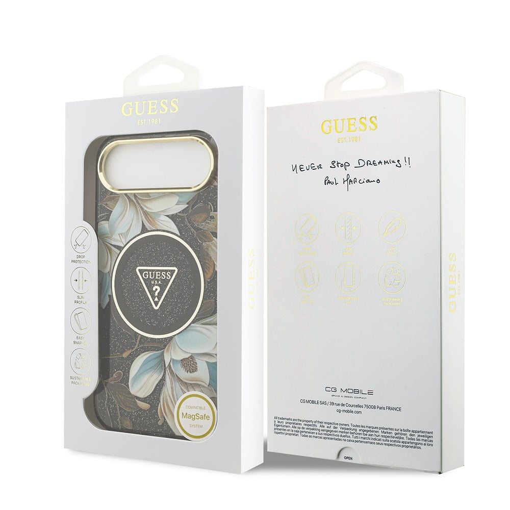 Apple iPhone 17 Air Kılıf Guess Orjinal Lisanslı M-safe Şarj Özellikli Simli Çiçek Desenli Metal Kamera Çerçeveli Üçgen Logolu Kapak