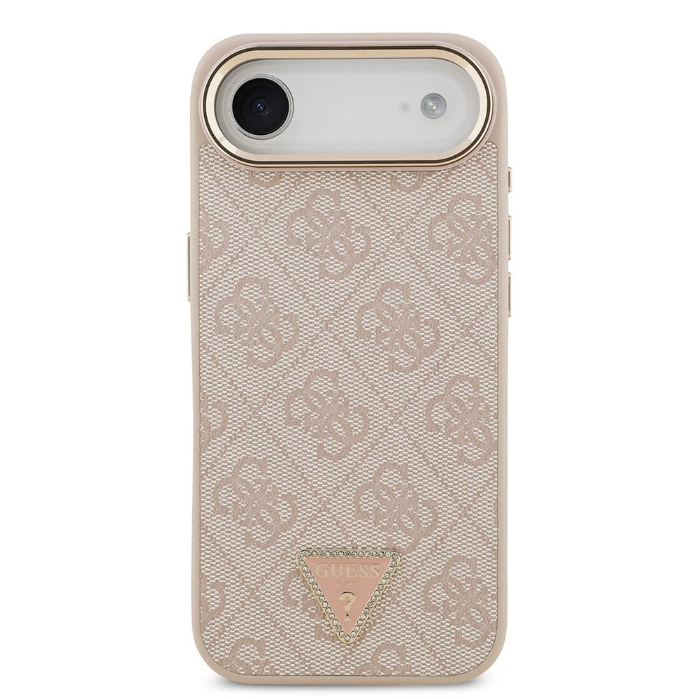 Apple iPhone 17 Air Kılıf Guess Orjinal Lisanslı M-safe Şarj Özellikli Gold Metal Kamera Çerçeveli Taşlı Üçgen Logo 4G Desenli Kapak