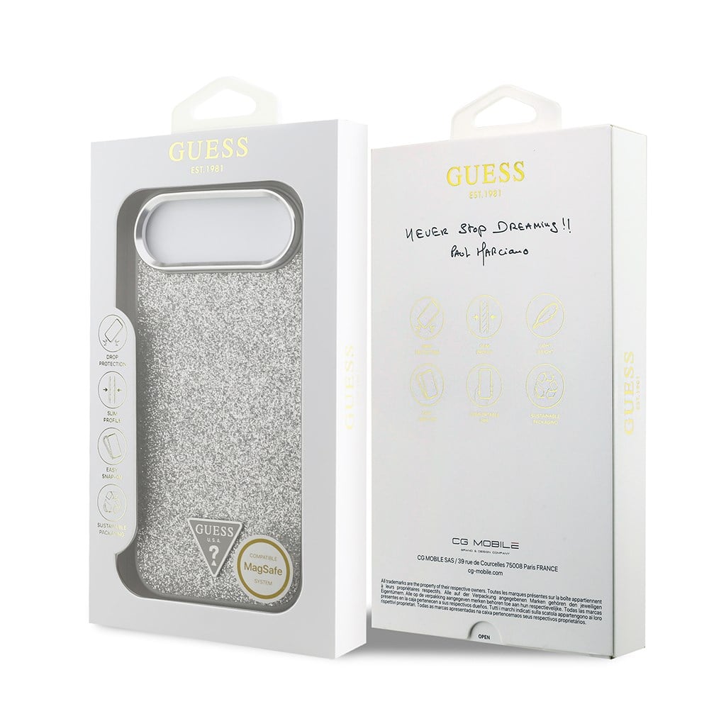 Apple iPhone 17 Air Kılıf Guess Orjinal Lisanslı M-safe Şarj Özellikli Metal Kamera Çerçeveli Üçgen Logolu Glitter Kapak