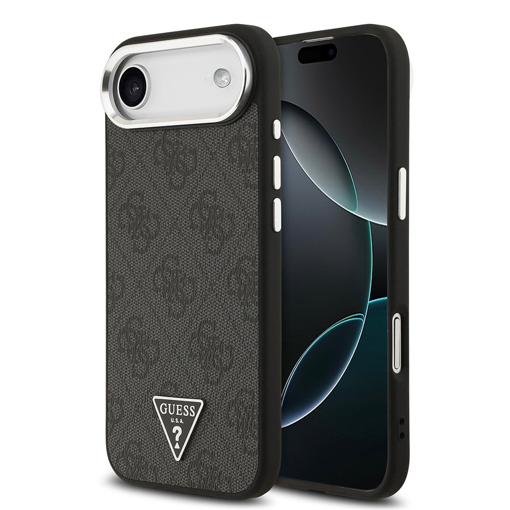 Apple iPhone 17 Air Kılıf Guess Orjinal Lisanslı M-safe Şarj Özellikli Gümüş Metal Kamera Çerçeveli Üçgen Logo 4G Desenli Kapak