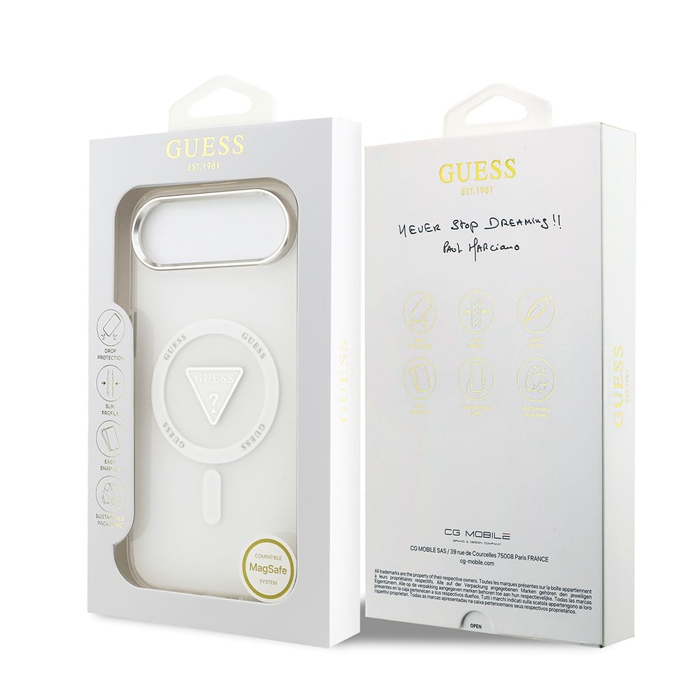 Apple iPhone 17 Air Kılıf Guess Orjinal Lisanslı M-safe Şarj Özellikli IML Baskılı Üçgen Logolu Metal Kamera Çerçeveli Kapak