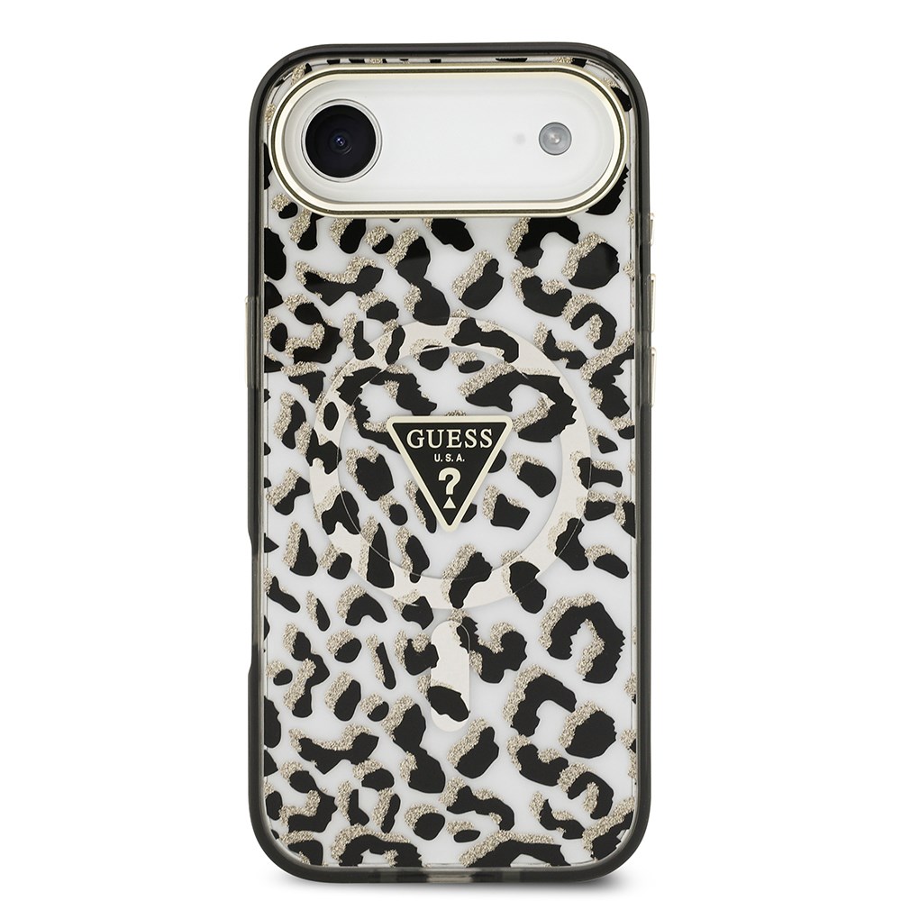 Apple iPhone 17 Air Kılıf Guess Orjinal Lisanslı M-safe Şarj Özellikli Üçgen Logolu Simli Leopar Desenli Kapak