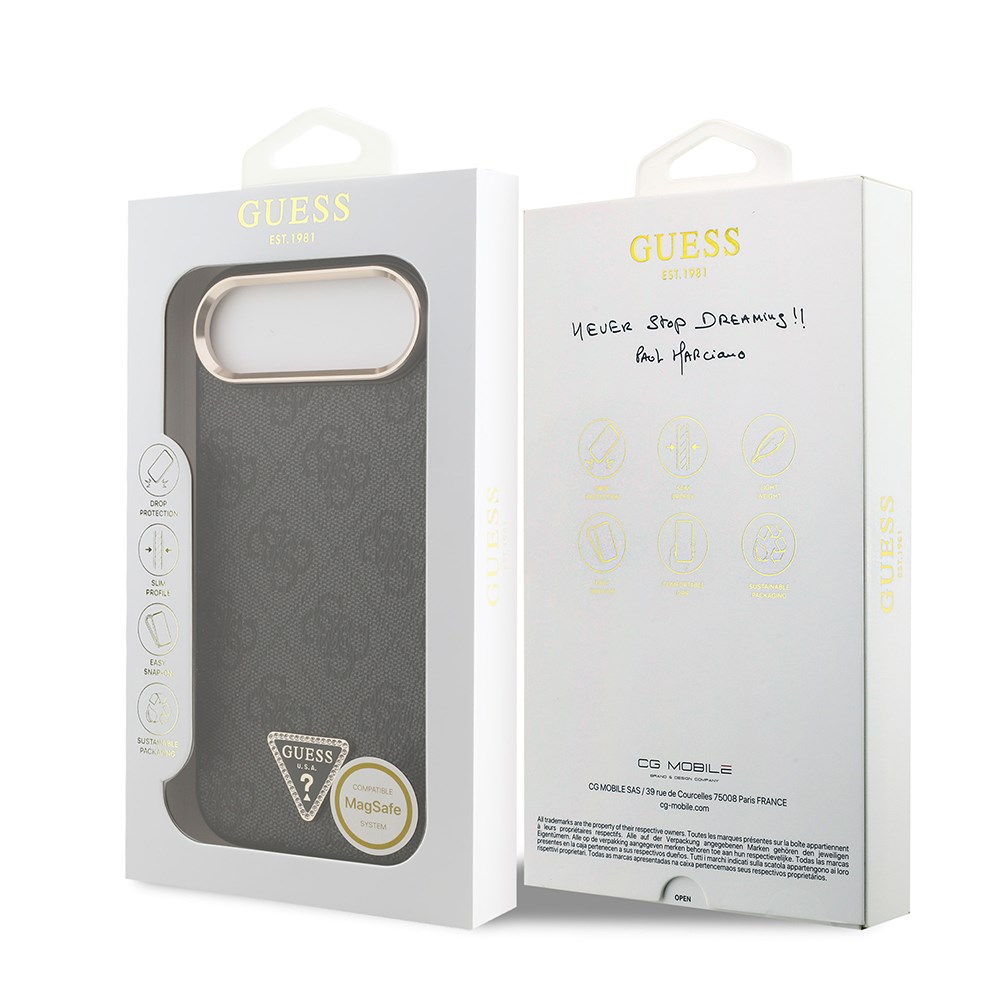 Apple iPhone 17 Air Kılıf Guess Orjinal Lisanslı M-safe Şarj Özellikli Gold Metal Kamera Çerçeveli Taşlı Üçgen Logo 4G Desenli Kapak
