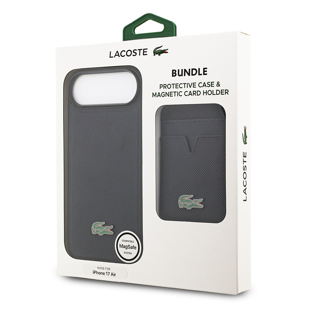 Apple iPhone 17 Air Kılıf Lacoste Orjinal Lisanslı M-safe Şarj Özellikli PU Pike Desenli Metal Logolu Kartlıklı Kapak