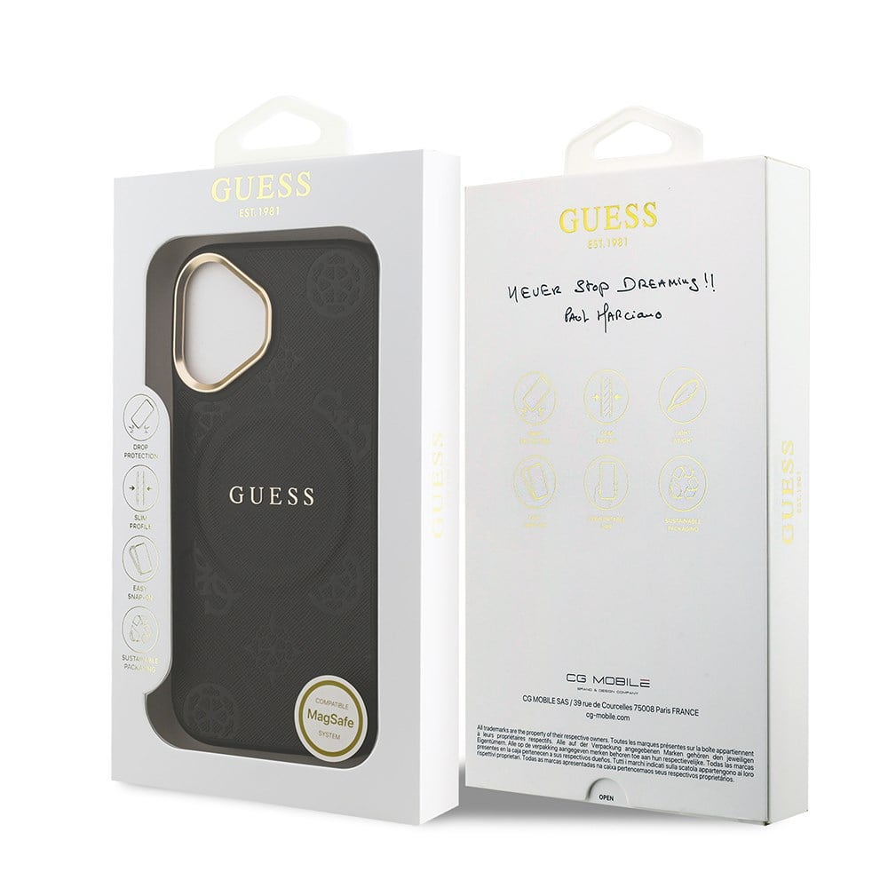 Apple iPhone 17 Kılıf Guess Orjinal Lisanslı M-safe Şarj Özellikli Sıcak Baskılı Yazı Logolu PU Deri Peony Kapak