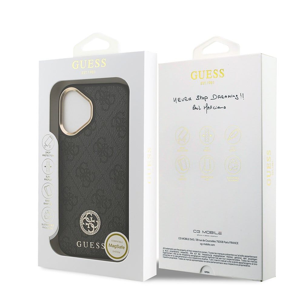 Apple iPhone 17 Kılıf Guess Orjinal Lisanslı M-safe Şarj Özellikli Gold Metal Kamera Çerçeveli Taşlı 4G Logolu Kapak