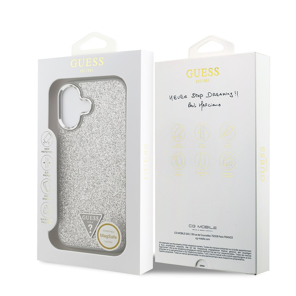 Apple iPhone 17 Kılıf Guess Orjinal Lisanslı M-safe Şarj Özellikli Metal Kamera Çerçeveli Üçgen Logolu Glitter Kapak