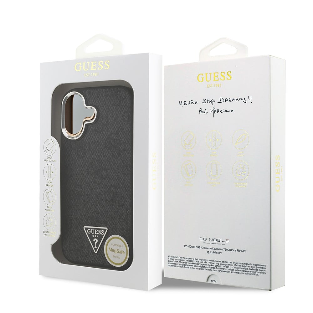 Apple iPhone 17 Kılıf Guess Orjinal Lisanslı M-safe Şarj Özellikli Gümüş Metal Kamera Çerçeveli Üçgen Logo 4G Desenli Kapak