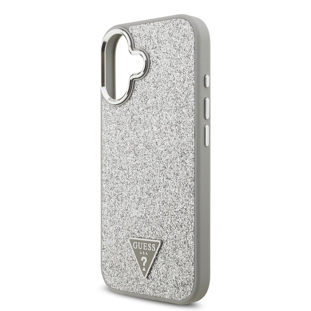 Apple iPhone 17 Kılıf Guess Orjinal Lisanslı M-safe Şarj Özellikli Metal Kamera Çerçeveli Üçgen Logolu Glitter Kapak