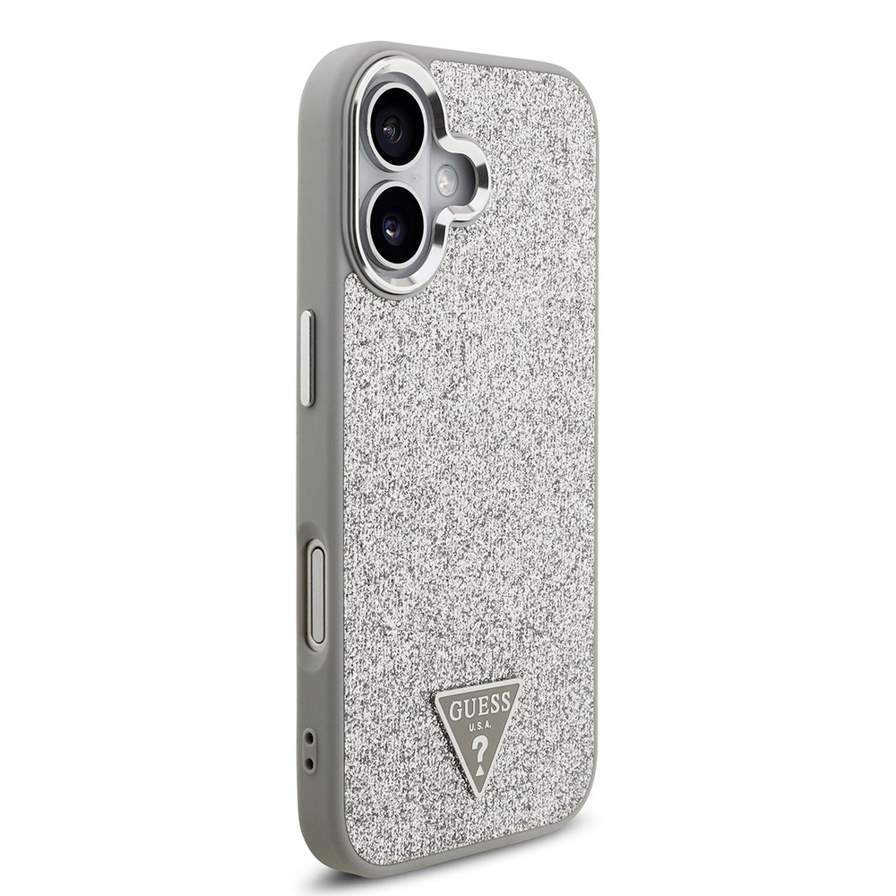 Apple iPhone 17 Kılıf Guess Orjinal Lisanslı M-safe Şarj Özellikli Metal Kamera Çerçeveli Üçgen Logolu Glitter Kapak