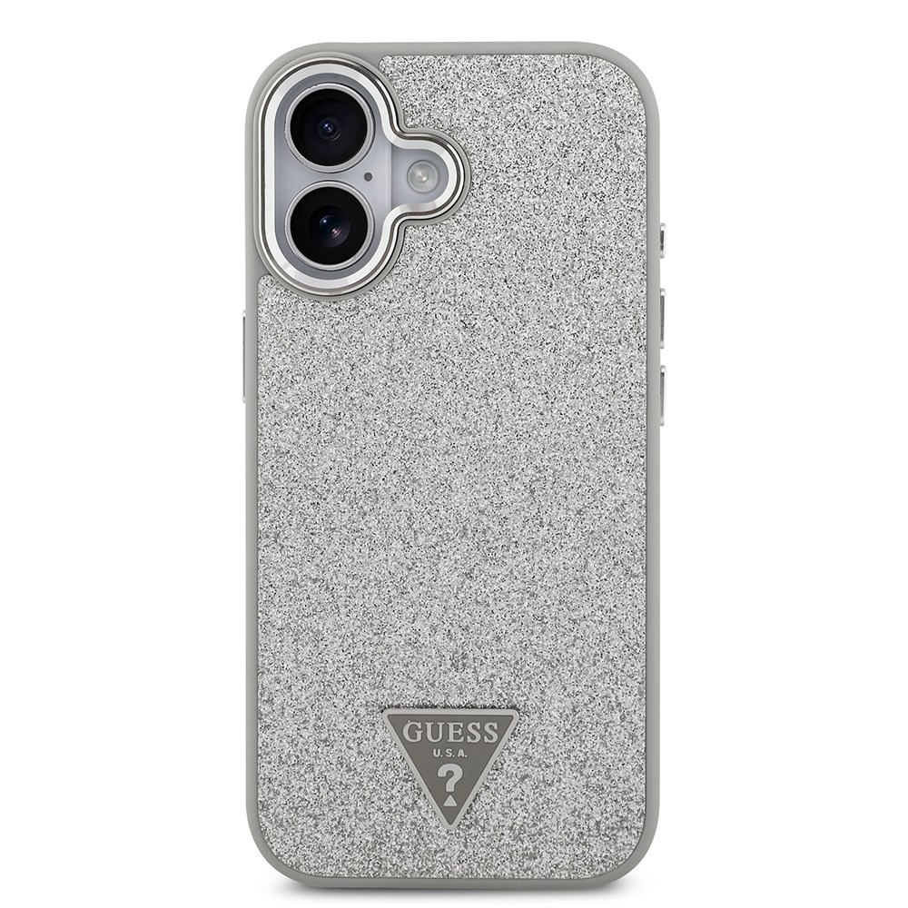 Apple iPhone 17 Kılıf Guess Orjinal Lisanslı M-safe Şarj Özellikli Metal Kamera Çerçeveli Üçgen Logolu Glitter Kapak