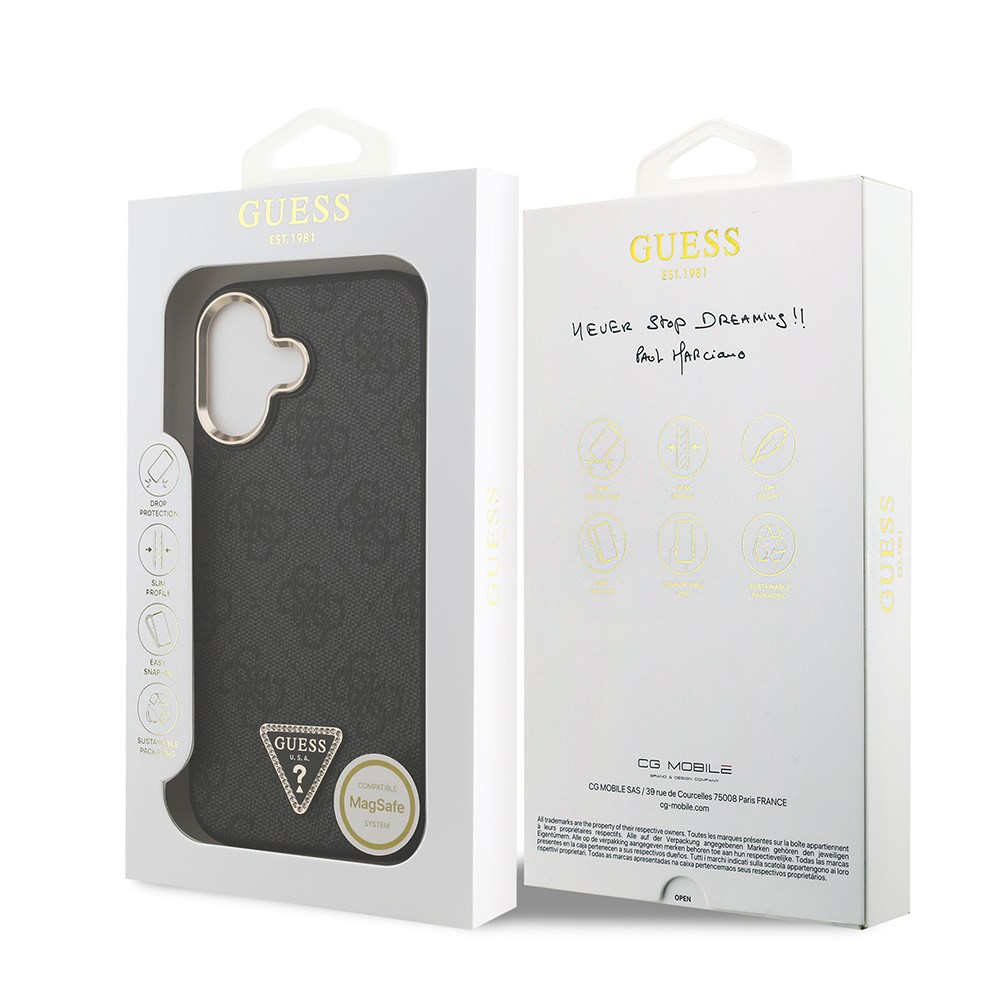Apple iPhone 17 Kılıf Guess Orjinal Lisanslı M-safe Şarj Özellikli Gold Metal Kamera Çerçeveli Taşlı Üçgen Logo 4G Desenli Kapak