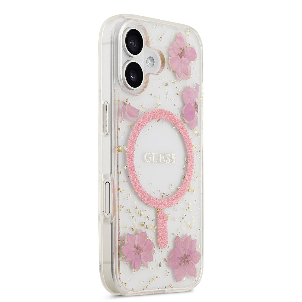 Apple iPhone 17 Kılıf Guess Orjinal Lisanslı M-safe Şarj Özellikli Transparan Resin Flowers Kapak