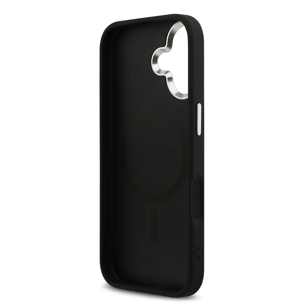 Apple iPhone 17 Kılıf Guess Orjinal Lisanslı M-safe Şarj Özellikli Metal Kamera Çerçeveli Üçgen Logolu Glitter Kapak