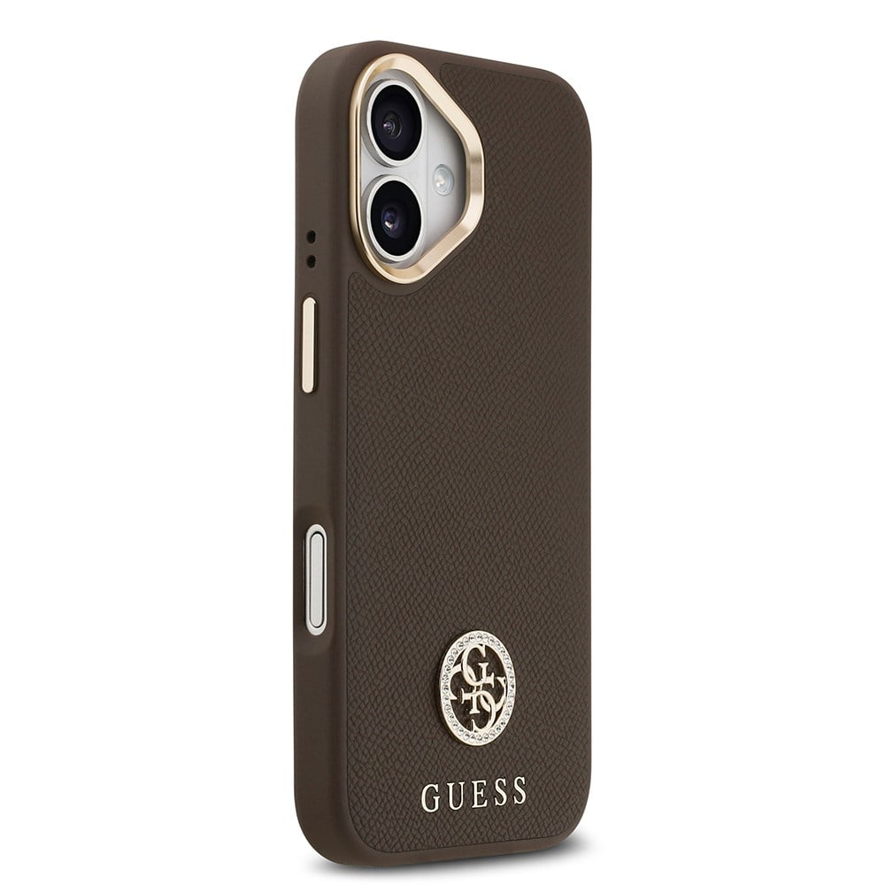 Apple iPhone 17 Kılıf Guess Orjinal Lisanslı M-safe Şarj Özellikli Grained Yazı ve Taşlı 4G Logolu Kapak