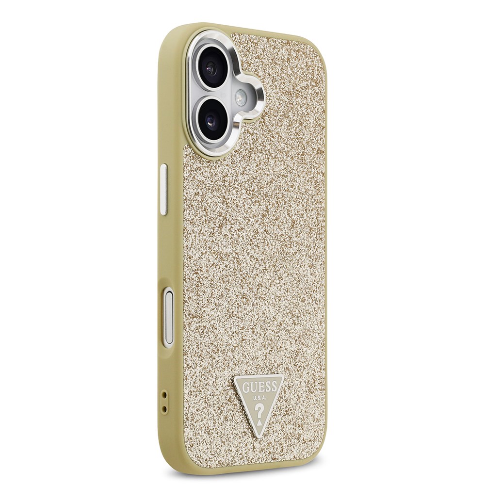 Apple iPhone 17 Kılıf Guess Orjinal Lisanslı M-safe Şarj Özellikli Metal Kamera Çerçeveli Üçgen Logolu Glitter Kapak