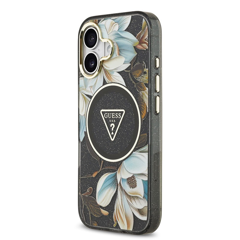 Apple iPhone 17 Kılıf Guess Orjinal Lisanslı M-safe Şarj Özellikli Simli Çiçek Desenli Metal Kamera Çerçeveli Üçgen Logolu Kapak