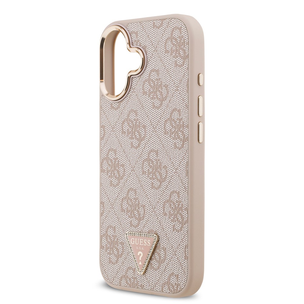 Apple iPhone 17 Kılıf Guess Orjinal Lisanslı M-safe Şarj Özellikli Gold Metal Kamera Çerçeveli Taşlı Üçgen Logo 4G Desenli Kapak