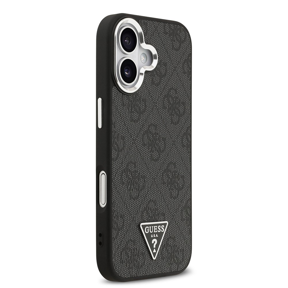 Apple iPhone 17 Kılıf Guess Orjinal Lisanslı M-safe Şarj Özellikli Gümüş Metal Kamera Çerçeveli Üçgen Logo 4G Desenli Kapak