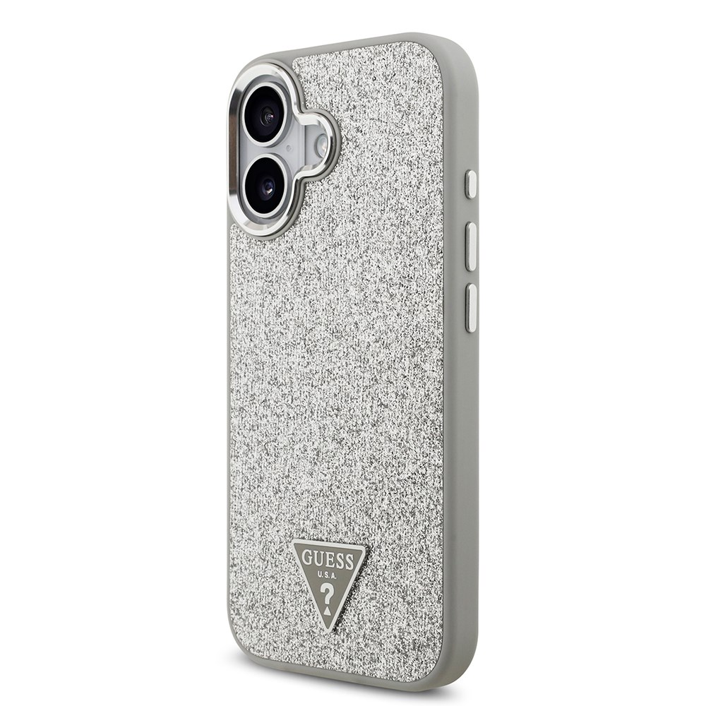 Apple iPhone 17 Kılıf Guess Orjinal Lisanslı M-safe Şarj Özellikli Metal Kamera Çerçeveli Üçgen Logolu Glitter Kapak
