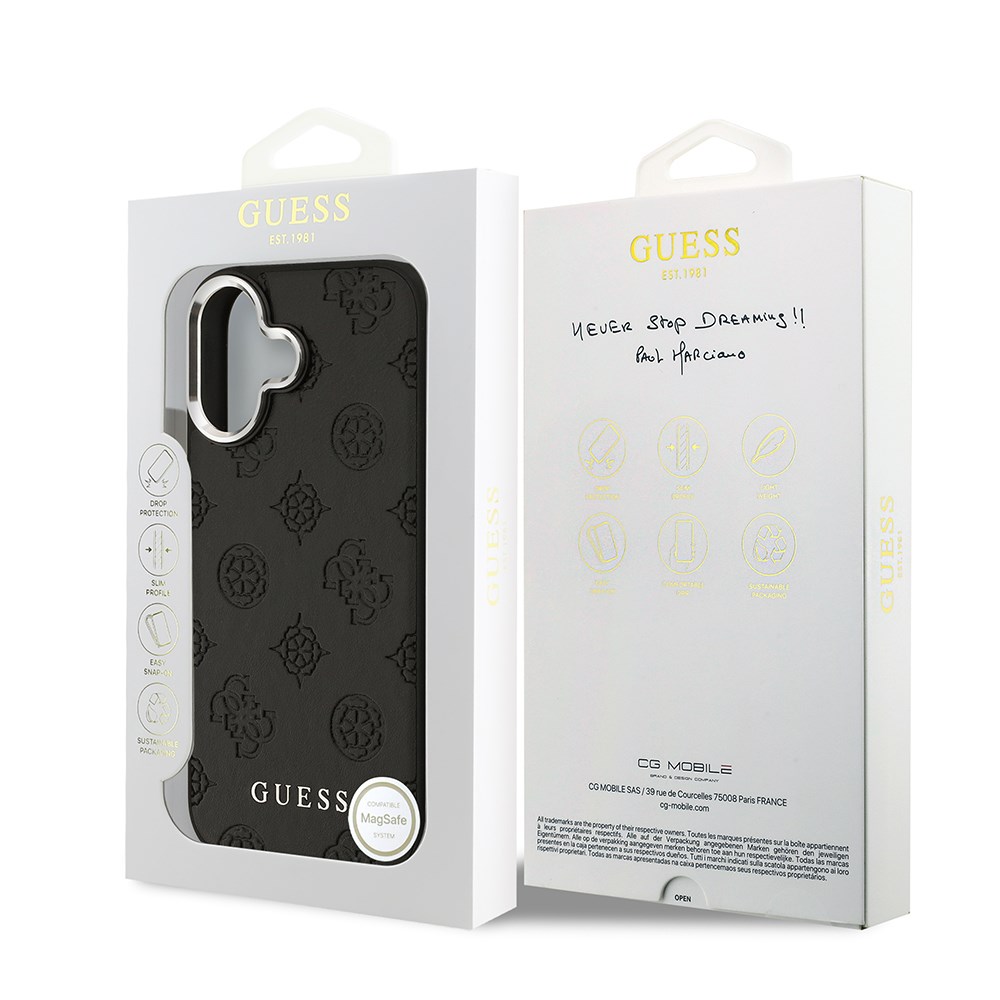 Apple iPhone 17 Kılıf Guess Orjinal Lisanslı M-safe Şarj Özellikli Sıcak Baskılı Klasik Yazı Logolu PU Deri Peony Kapak