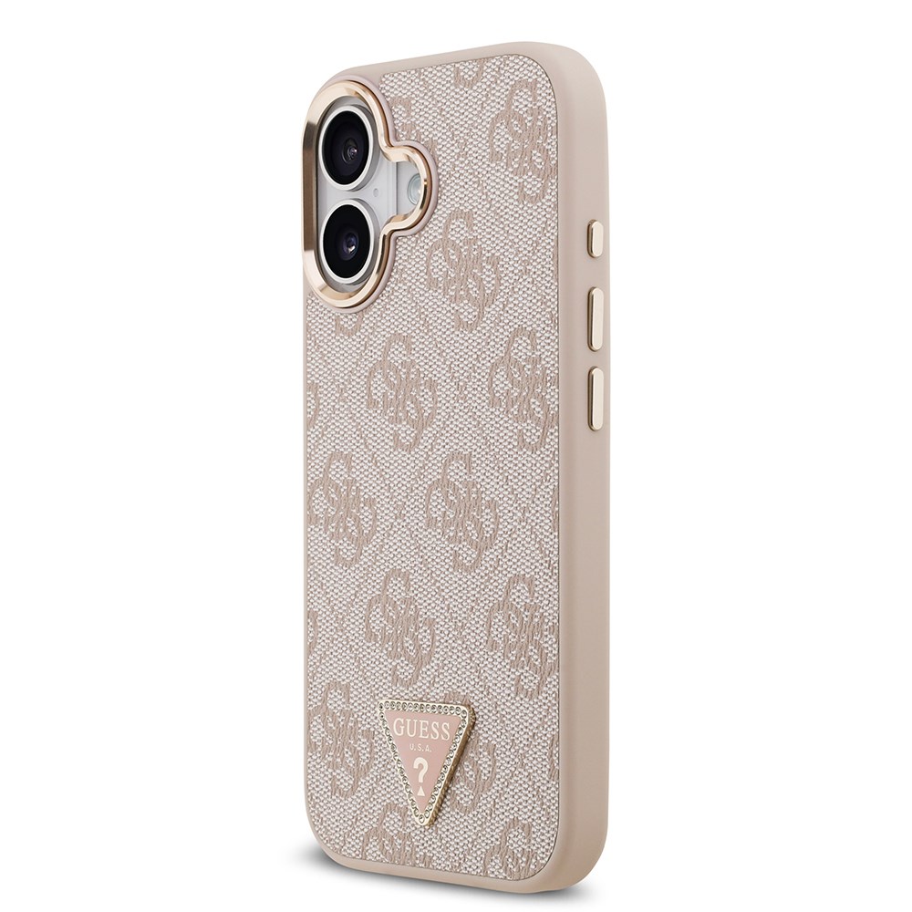 Apple iPhone 17 Kılıf Guess Orjinal Lisanslı M-safe Şarj Özellikli Gold Metal Kamera Çerçeveli Taşlı Üçgen Logo 4G Desenli Kapak