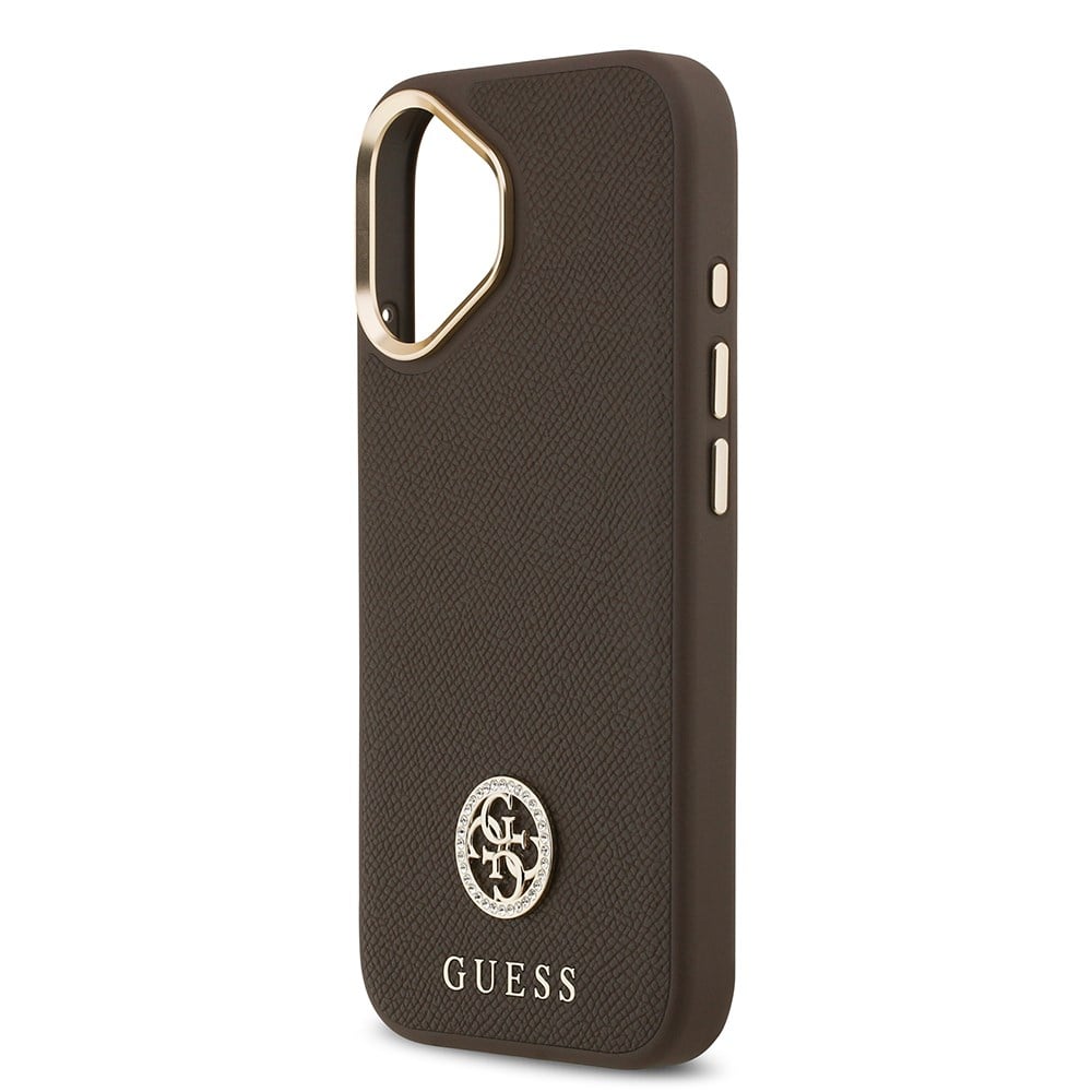 Apple iPhone 17 Kılıf Guess Orjinal Lisanslı M-safe Şarj Özellikli Grained Yazı ve Taşlı 4G Logolu Kapak