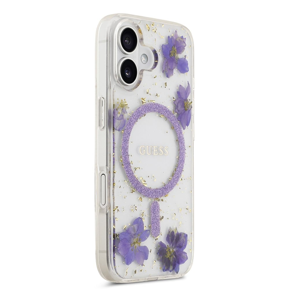 Apple iPhone 17 Kılıf Guess Orjinal Lisanslı M-safe Şarj Özellikli Transparan Resin Flowers Kapak