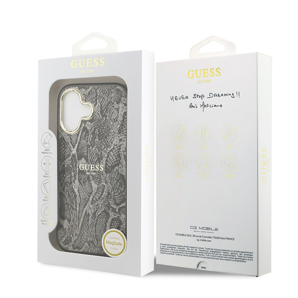 Apple iPhone 17 Kılıf Guess Orjinal Lisanslı M-safe Şarj Özellikli Yazı Logolu Python Desenli Kapak