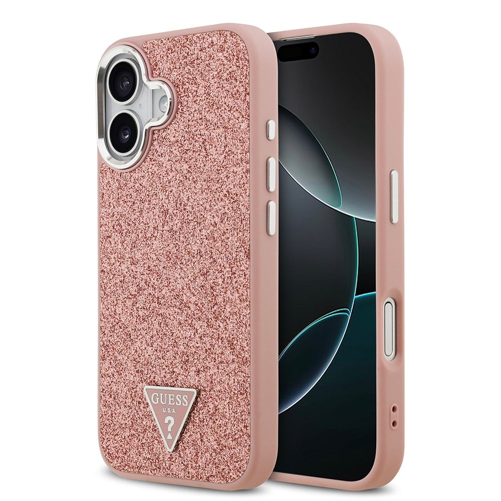 Apple iPhone 17 Kılıf Guess Orjinal Lisanslı M-safe Şarj Özellikli Metal Kamera Çerçeveli Üçgen Logolu Glitter Kapak