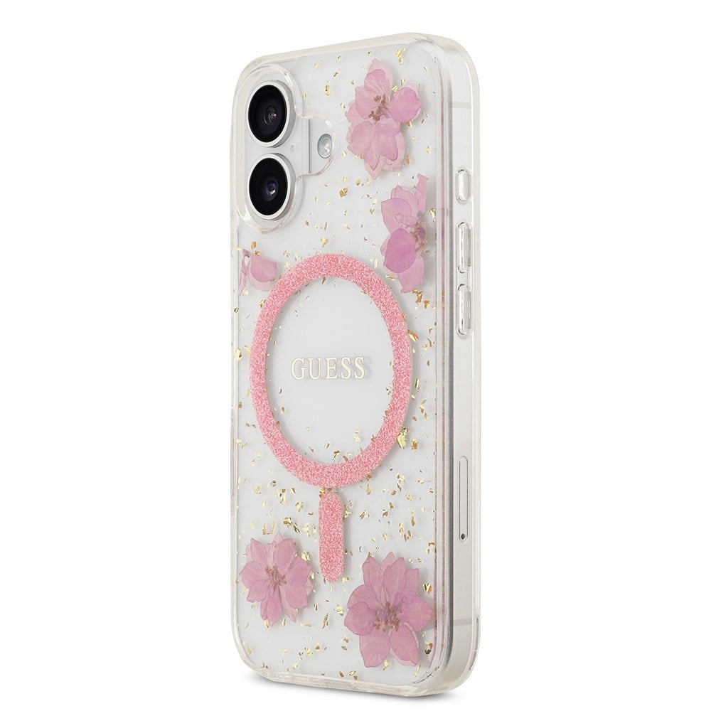 Apple iPhone 17 Kılıf Guess Orjinal Lisanslı M-safe Şarj Özellikli Transparan Resin Flowers Kapak
