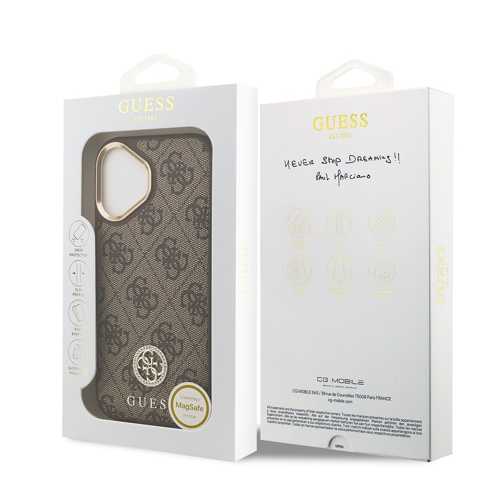 Apple iPhone 17 Kılıf Guess Orjinal Lisanslı M-safe Şarj Özellikli Gold Metal Kamera Çerçeveli Taşlı 4G Logolu Kapak