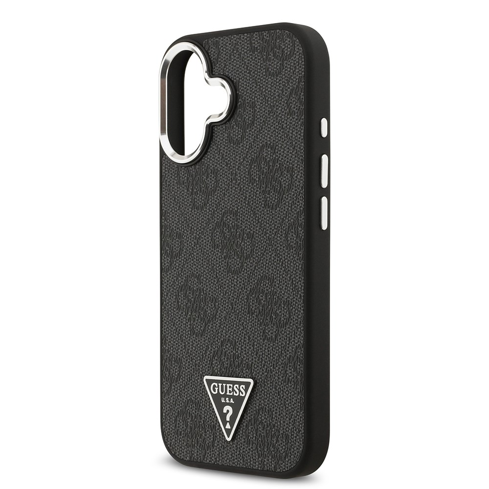 Apple iPhone 17 Kılıf Guess Orjinal Lisanslı M-safe Şarj Özellikli Gümüş Metal Kamera Çerçeveli Üçgen Logo 4G Desenli Kapak