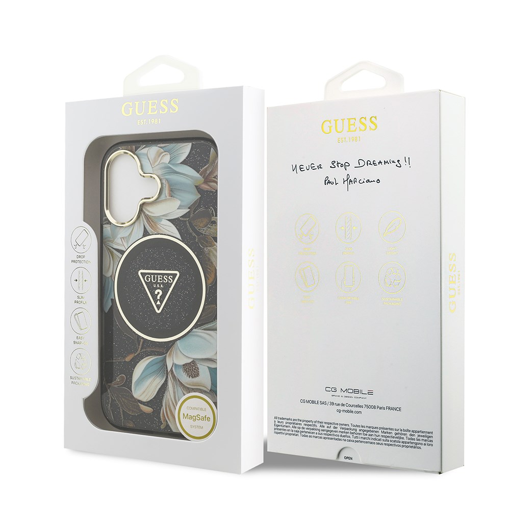Apple iPhone 17 Kılıf Guess Orjinal Lisanslı M-safe Şarj Özellikli Simli Çiçek Desenli Metal Kamera Çerçeveli Üçgen Logolu Kapak