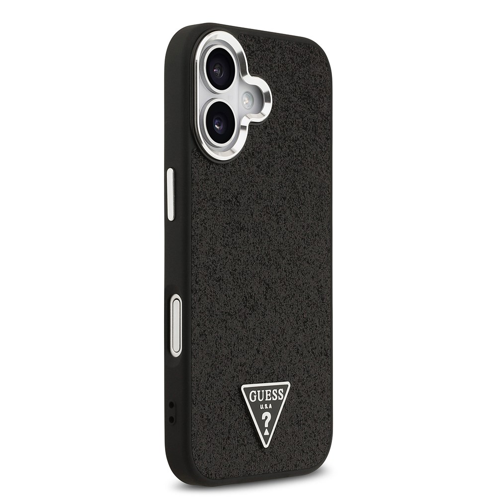 Apple iPhone 17 Kılıf Guess Orjinal Lisanslı M-safe Şarj Özellikli Metal Kamera Çerçeveli Üçgen Logolu Glitter Kapak