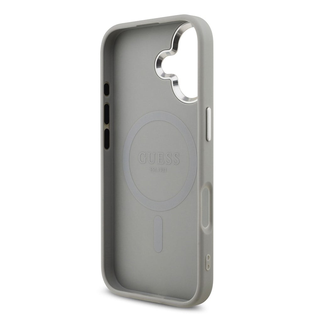 Apple iPhone 17 Kılıf Guess Orjinal Lisanslı M-safe Şarj Özellikli Metal Kamera Çerçeveli Üçgen Logolu Glitter Kapak