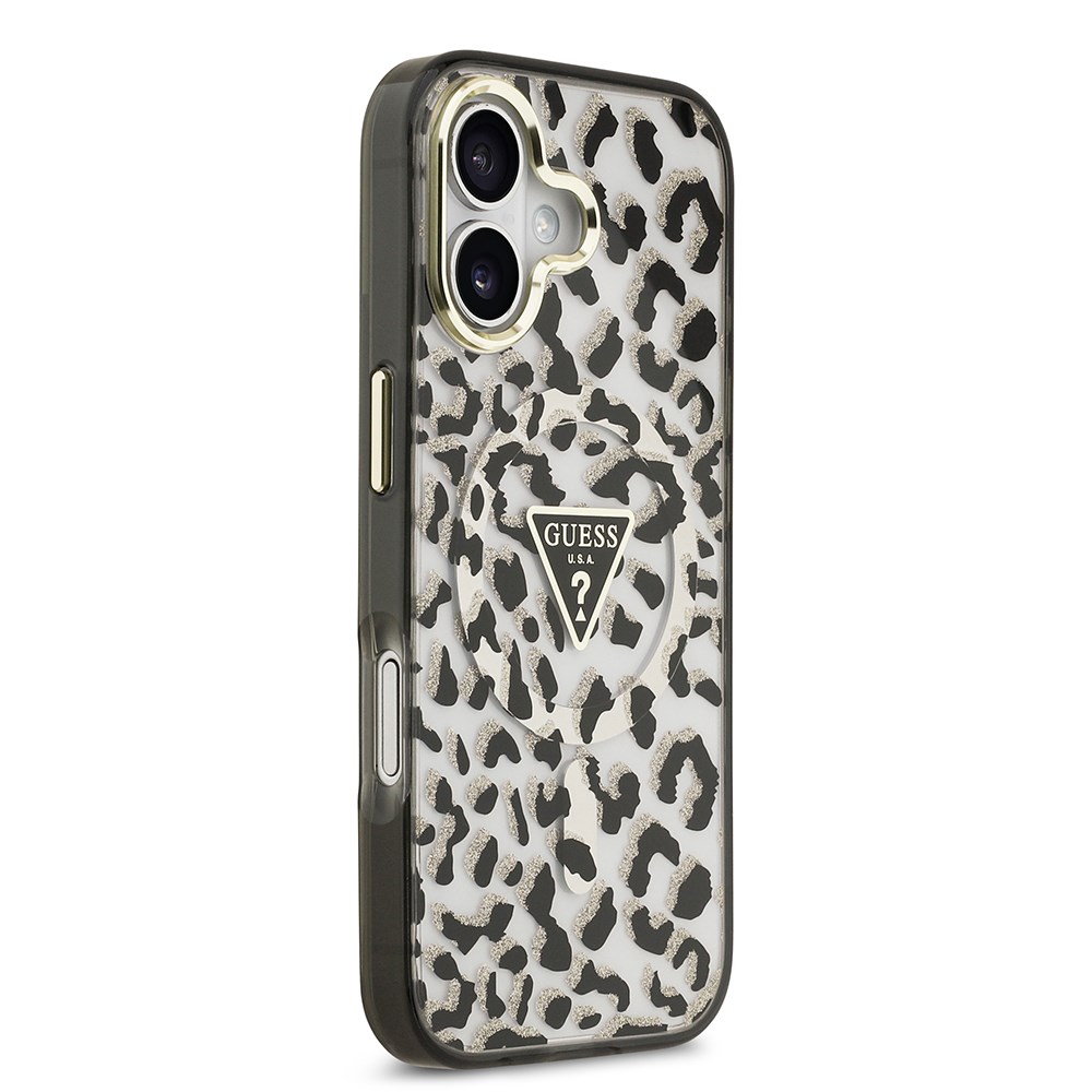 Apple iPhone 17 Kılıf Guess Orjinal Lisanslı M-safe Şarj Özellikli Üçgen Logolu Simli Leopar Desenli Kapak