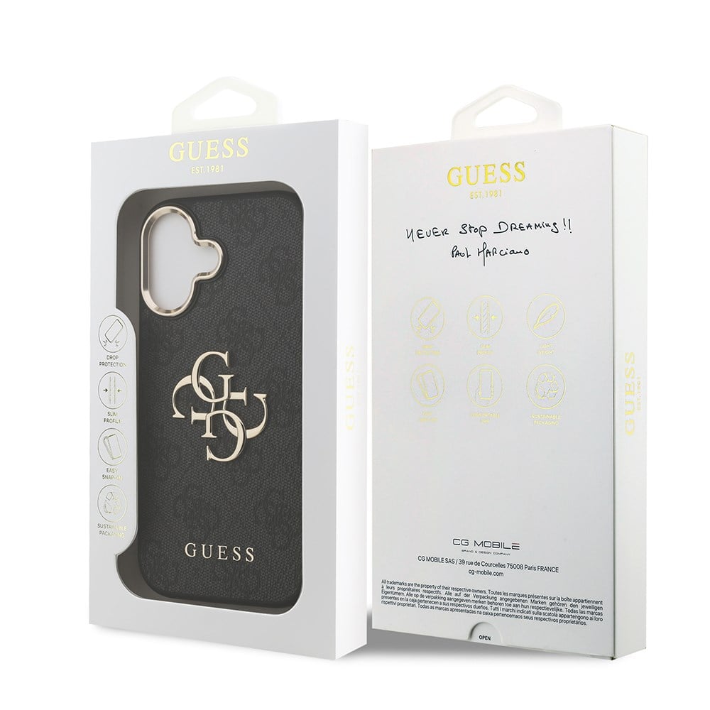 Apple iPhone 17 Kılıf Guess Orjinal Lisanslı Gold Metal Kamera Çerçeveli 4G Desenli Metal Büyük 4G ve Yazı Logolu Kapak
