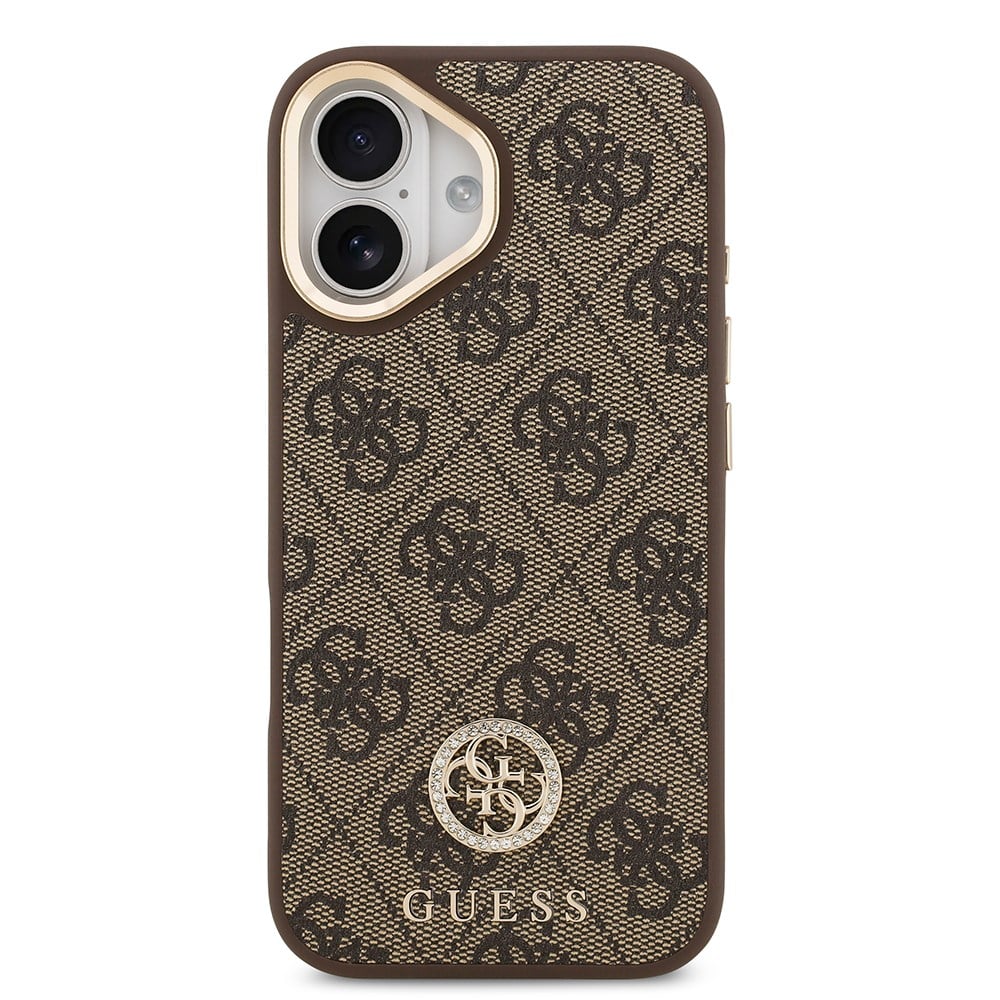 Apple iPhone 17 Kılıf Guess Orjinal Lisanslı M-safe Şarj Özellikli Gold Metal Kamera Çerçeveli Taşlı 4G Logolu Kapak