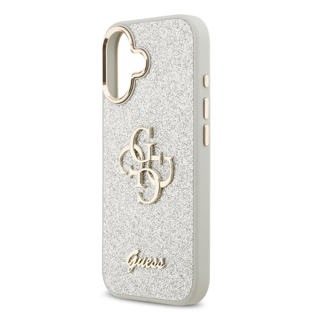 Apple iPhone 17 Kılıf Guess Orjinal Lisanslı M-safe Şarj Özellikli Simli Çiçek Desenli Metal Kamera Çerçeveli Üçgen Logolu Kapak