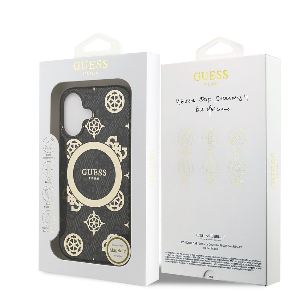 Apple iPhone 17 Kılıf Guess Orjinal Lisanslı M-safe Şarj Özellikli IML Peony ve 4G Desenli Klasik Logolu Kapak