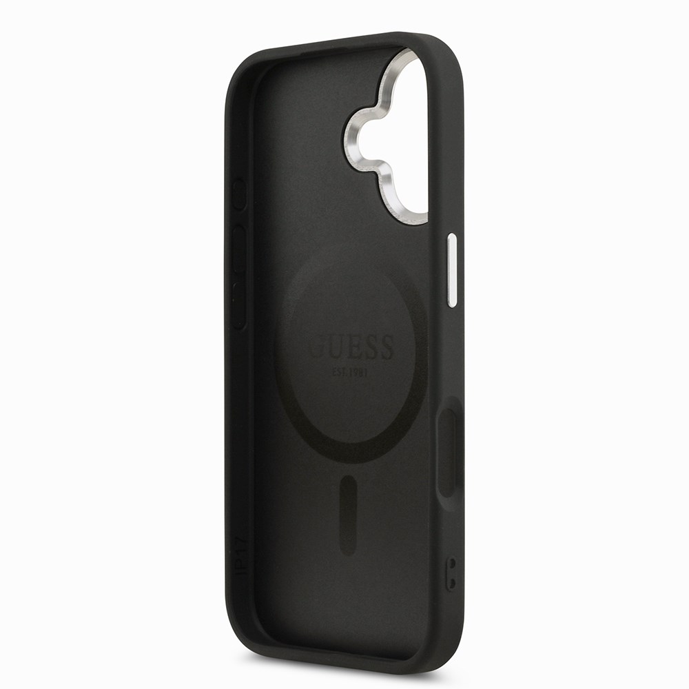 Apple iPhone 17 Kılıf Guess Orjinal Lisanslı M-safe Şarj Özellikli PU Deri Metal Kamera Çerçeveli Üçgen Logolu Kapak