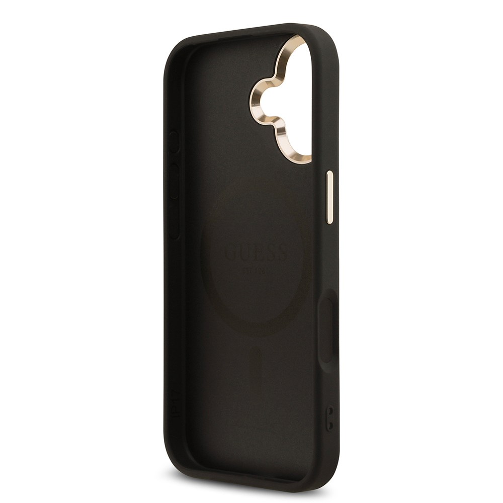 Apple iPhone 17 Kılıf Guess Orjinal Lisanslı M-safe Şarj Özellikli Gold Metal Kamera Çerçeveli Taşlı Üçgen Logo 4G Desenli Kapak