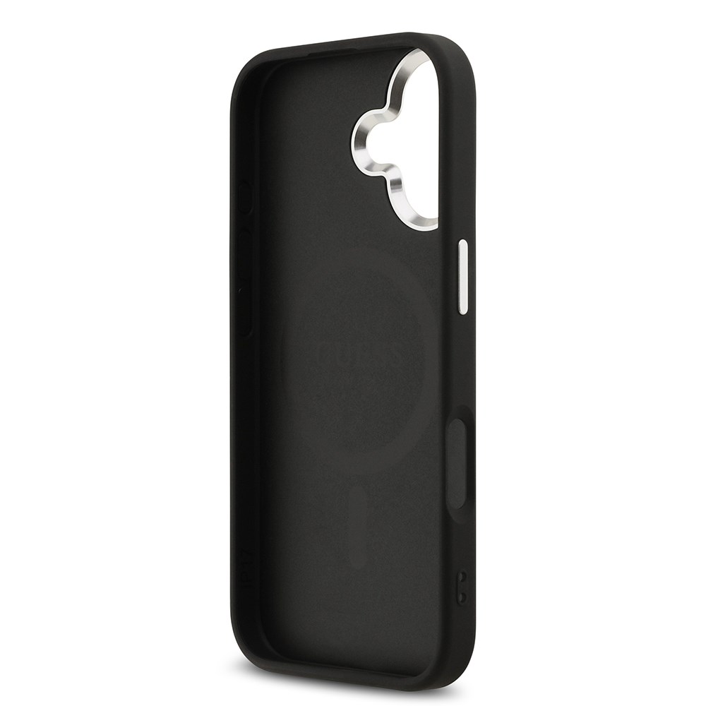 Apple iPhone 17 Kılıf Guess Orjinal Lisanslı M-safe Şarj Özellikli Gümüş Metal Kamera Çerçeveli Üçgen Logo 4G Desenli Kapak