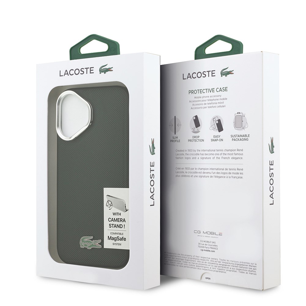 Apple iPhone 17 Kılıf Lacoste Orjinal Lisanslı M-safe Şarj Özellikli PU Pike Desenli Standlı Metal Logolu Kapak