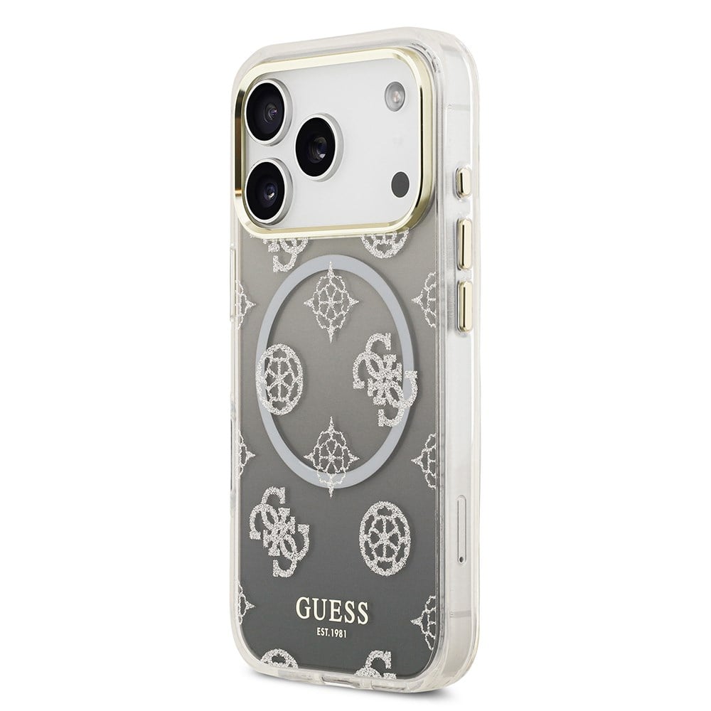 Apple iPhone 17 Pro Kılıf Guess Orjinal Lisanslı M-safe Şarj Özellikli Simli Peony Desenli Silikon Kapak
