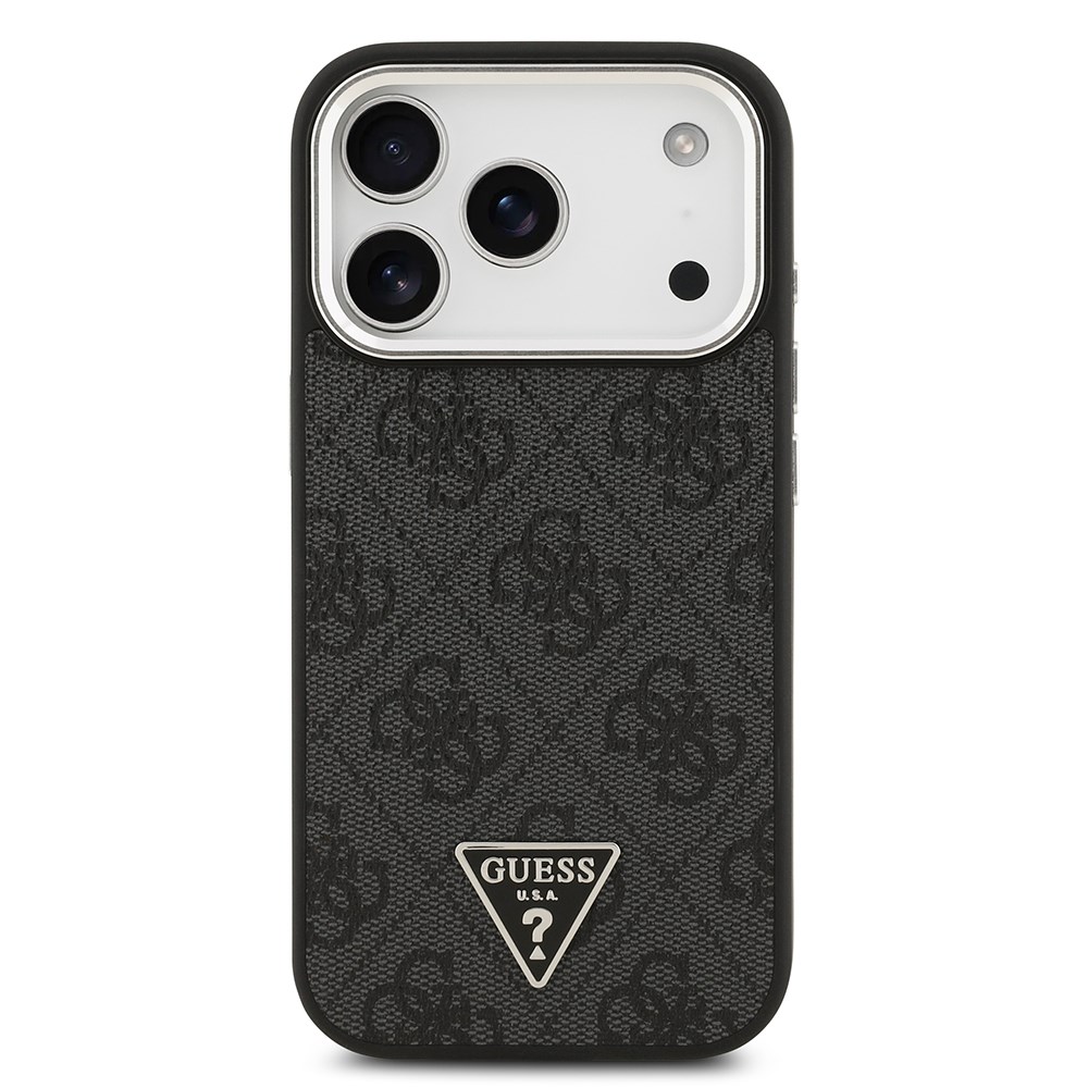 Apple iPhone 17 Pro Kılıf Guess Orjinal Lisanslı M-safe Şarj Özellikli Gümüş Metal Kamera Çerçeveli Üçgen Logo 4G Desenli Kapak
