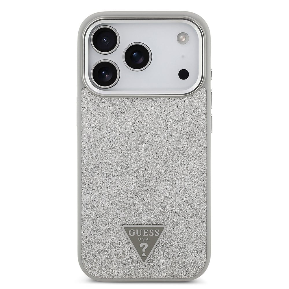 Apple iPhone 17 Pro Kılıf Guess Orjinal Lisanslı M-safe Şarj Özellikli Metal Kamera Çerçeveli Üçgen Logolu Glitter Kapak